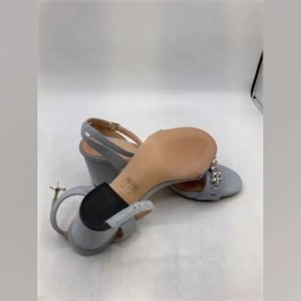 Saekcted Light Blue Gray Block Heel Rhinestone Strap Sandal Heel 7